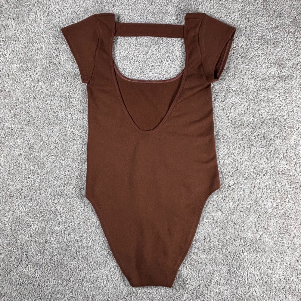 ANTHROPOLOGIE Brown Modal Blend Square Neck Cutout Back Cap Sleeve Bodysuit S M
